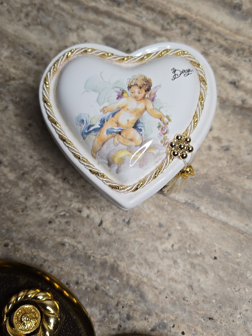 Porcelain Heart Trinket Box with Cherub Motif - Made In Italy
